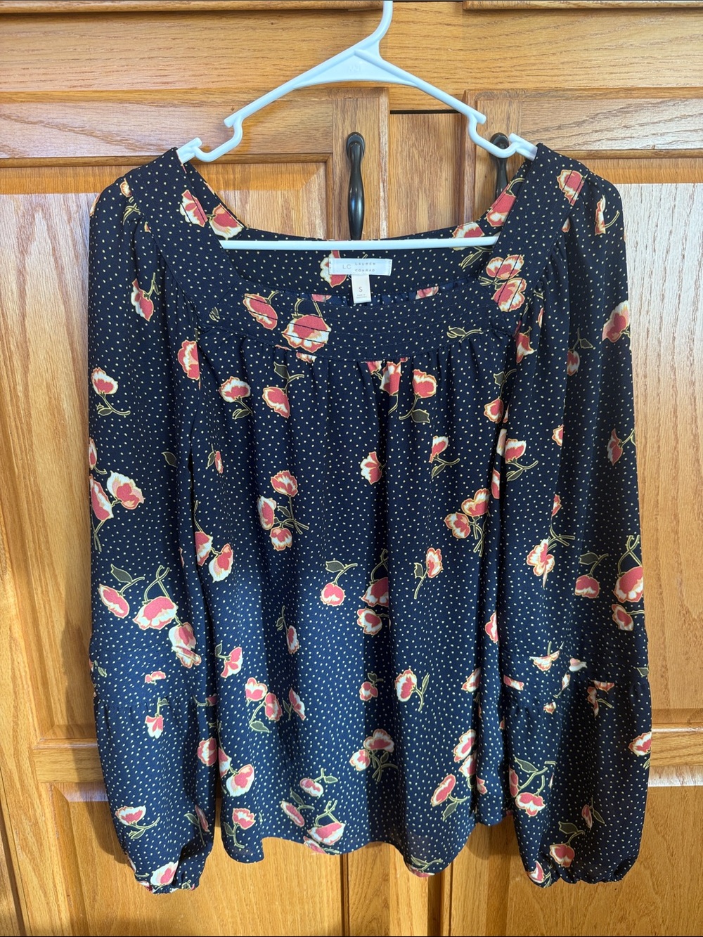 357 LC Lauren Conrad Small Navy Floral Polka Dot Long Sleeve Peasant Blouse - Picture 2 of 7